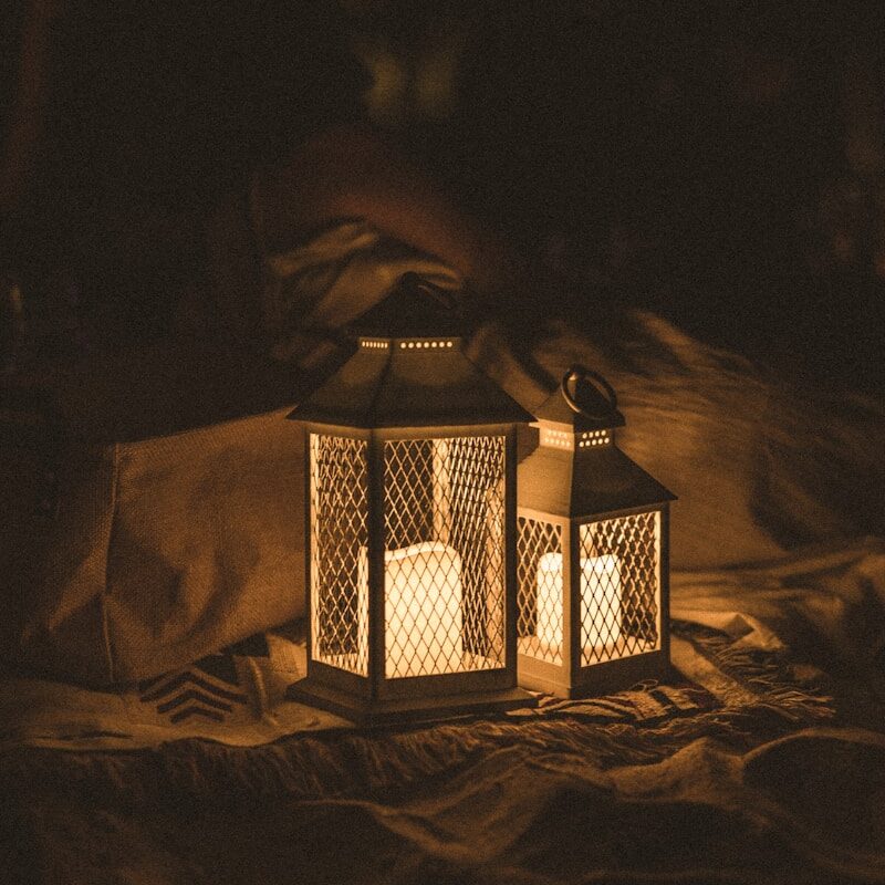 black and white lamp on brown textile